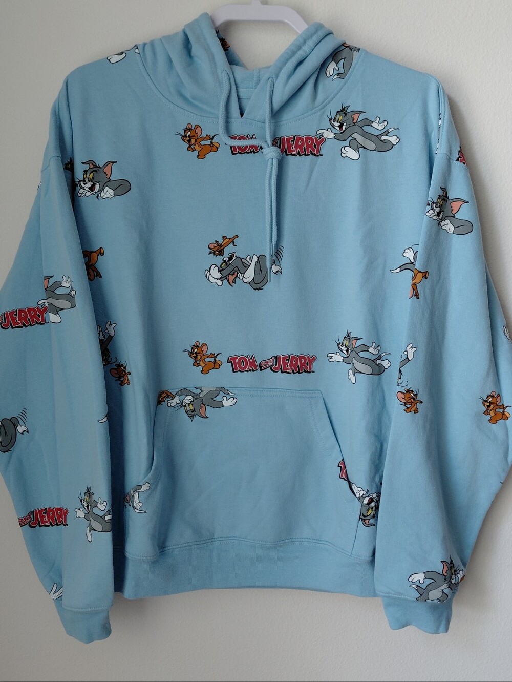 Tom and Jerry Print Hoodie Light Blue Unisex Large